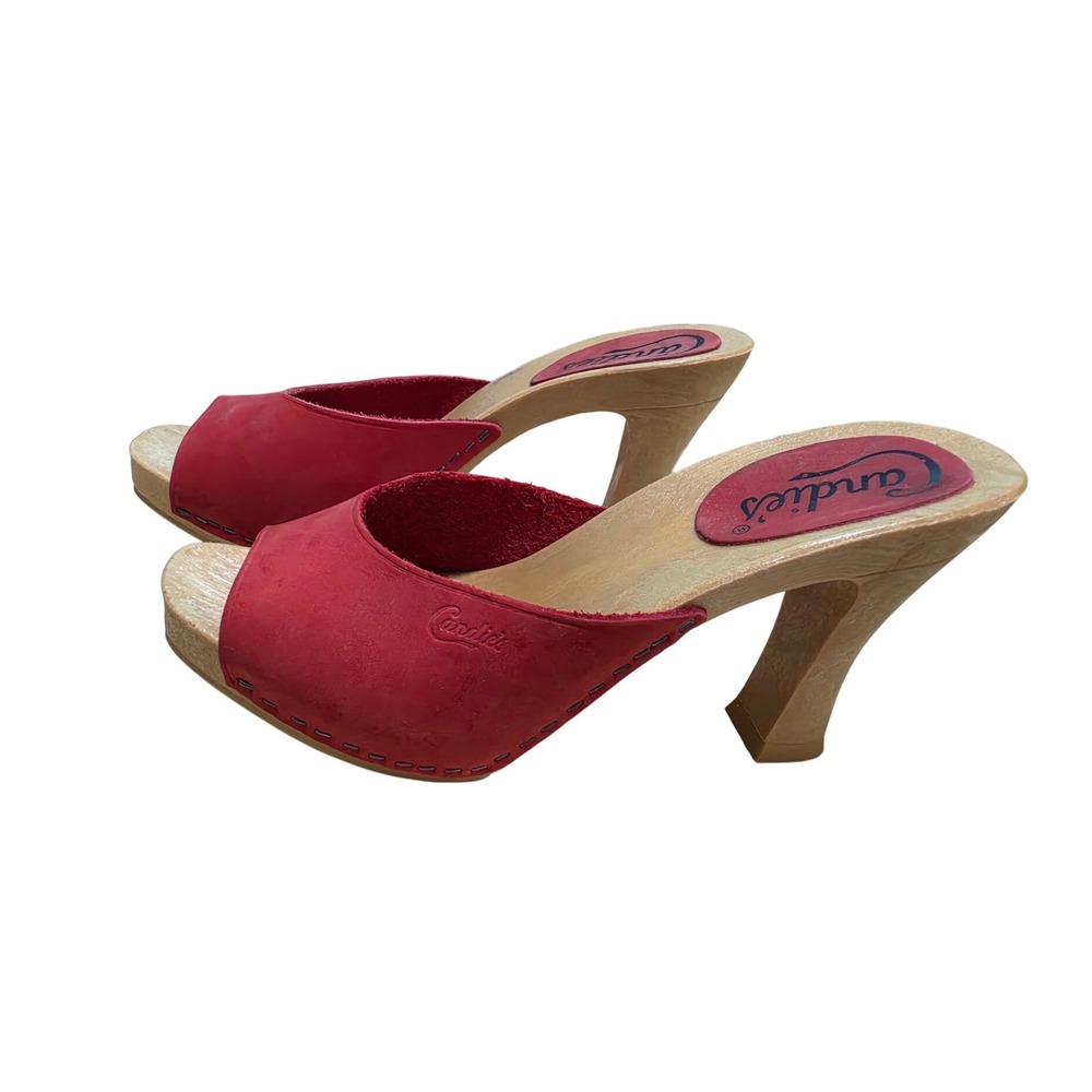 Vintage Candies Red Leather Wooden Platform Mules Sandals Made in Italy Size 8